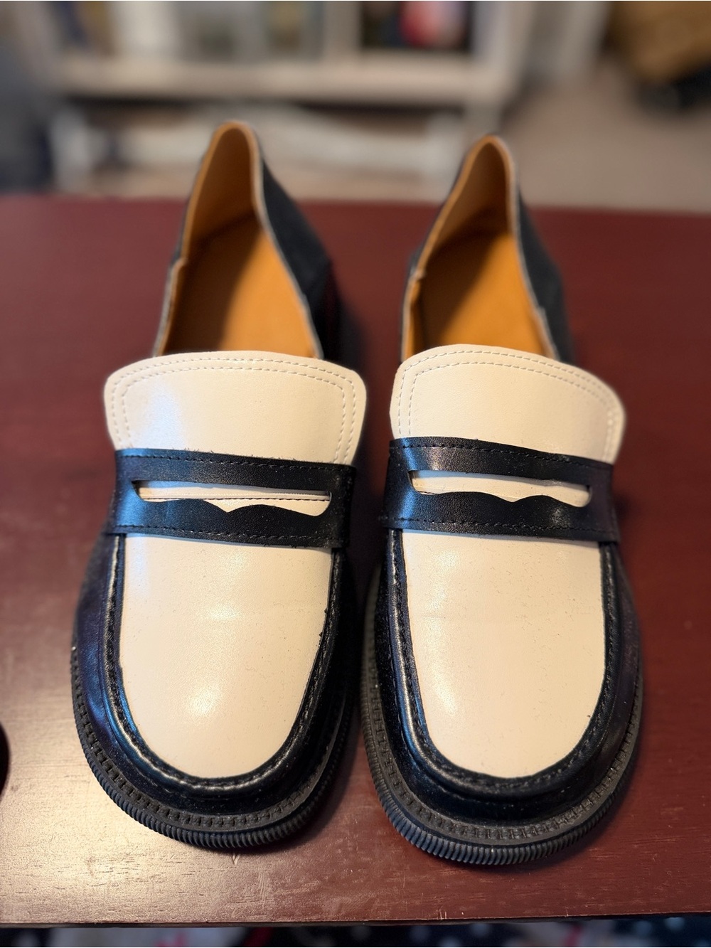 Women’s Cream and Black Penny Loafers, Size 10